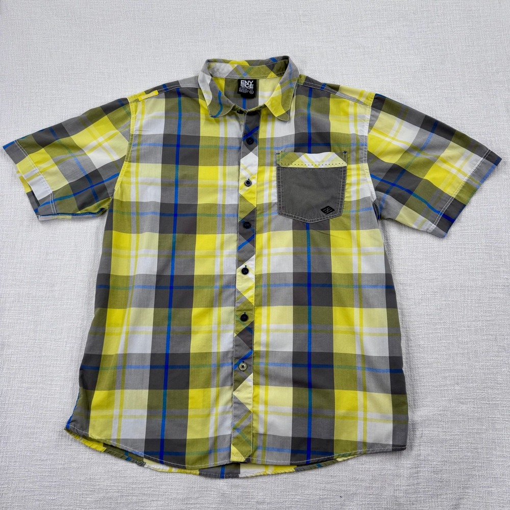 Enyce Mens XL Plaid Short Sleeve Button Down Shirt Yellow Grey Sean Combs Co